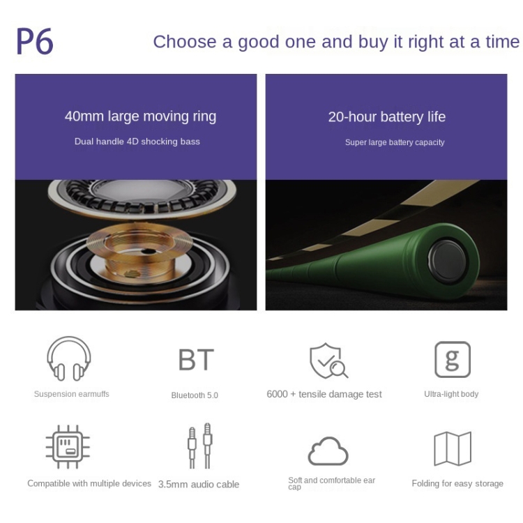 P6 Bluetooth 5.1 Wireless Stereo Headset with Microphone(Black) P6 Bluetooth 5.1 Wireless Stereo Headset with Microphone(Black)
