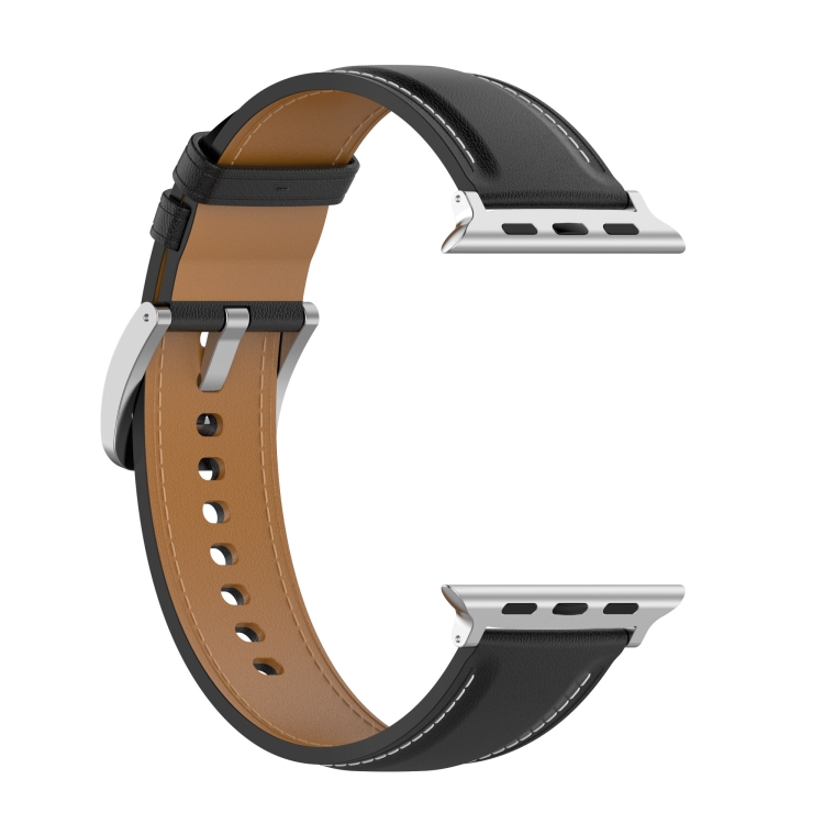 20mm Top Layer Cowhide Sewing Watch Band For Apple Watch Series 7 45mm /  6\u0026SE\u00265\u00264 44mm / 3\u00262\u00261 42mm(Black)