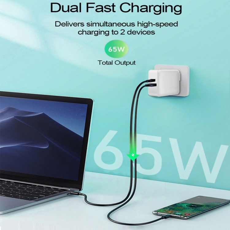 PD-65W USB-C / Type-C + QC3. 0 USB Laptop Charging Adapter + 1.8m USB-C / Type-C to MagSafe 2 / T Head Data Cable, US Plug(White)