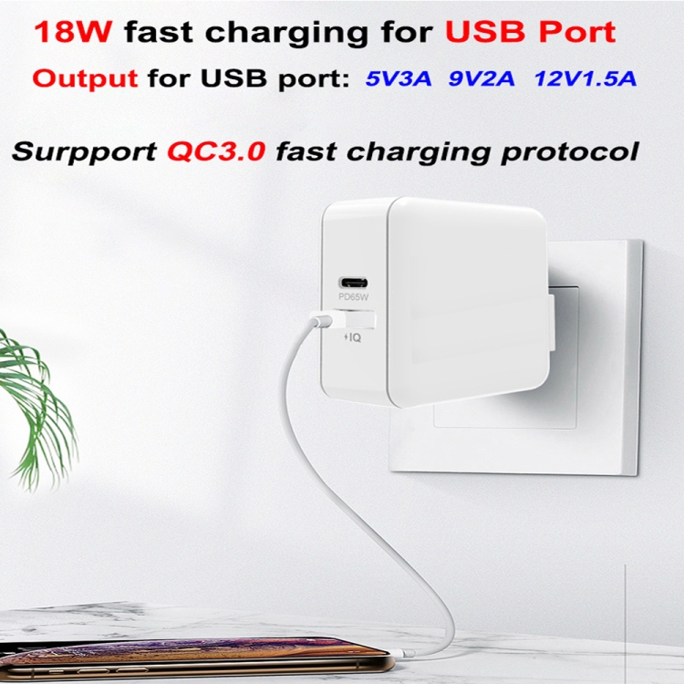 PD-65W USB-C / Type-C + QC3. 0 USB Laptop Charging Adapter + 1.8m USB-C / Type-C to MagSafe 2 / T Head Data Cable, US Plug(White)