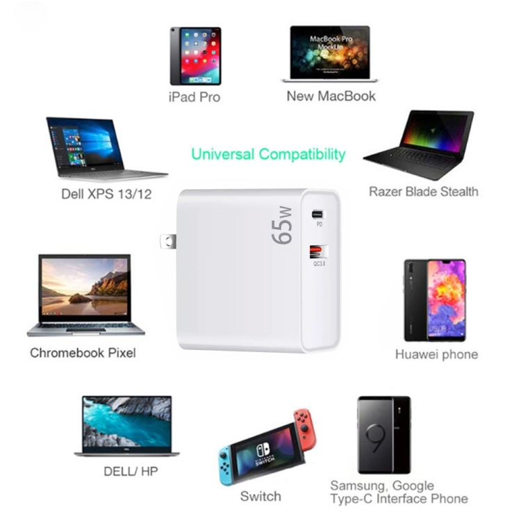 PD-65W USB-C / Type-C + QC3. 0 USB Laptop Charging Adapter + 1.8m USB-C / Type-C to MagSafe 2 / T Head Data Cable, US Plug(White)