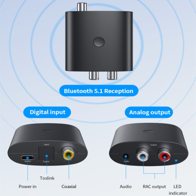 BT-B36 Bluetooth 5.1 Audio Receiver TV Fiber Coaxial Digital to Analog Converter BT-B36 Bluetooth 5.1 Audio Receiver TV Fiber Coaxial Digital to Analog Converter