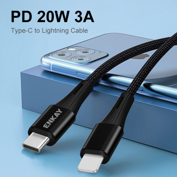 ENKAY PD 20W 3A USB-C / Type-C to 8 Pin Fast Charging Nylon Braided Data Cable, Length:2m(Black) ENKAY PD 20W 3A USB-C / Type-C to 8 Pin Fast Charging Nylon Braided Data Cable, Length:2m(Black)