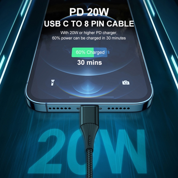 ENKAY PD 20W 3A USB-C / Type-C to 8 Pin Fast Charging Nylon Braided Data Cable, Length:2m(Black) ENKAY PD 20W 3A USB-C / Type-C to 8 Pin Fast Charging Nylon Braided Data Cable, Length:2m(Black)