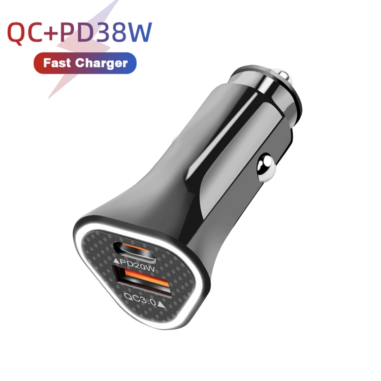 TE-P23 38W PD 20W USB-C / Type-C + QC3. 0 USB Triangle Car Charger + USB to 8 Pin Data Cable, Length: 1m(Black) TE-P23 38W PD 20W USB-C / Type-C + QC3. 0 USB Triangle Car Charger + USB to 8 Pin Data Cable, Length: 1m(Black)