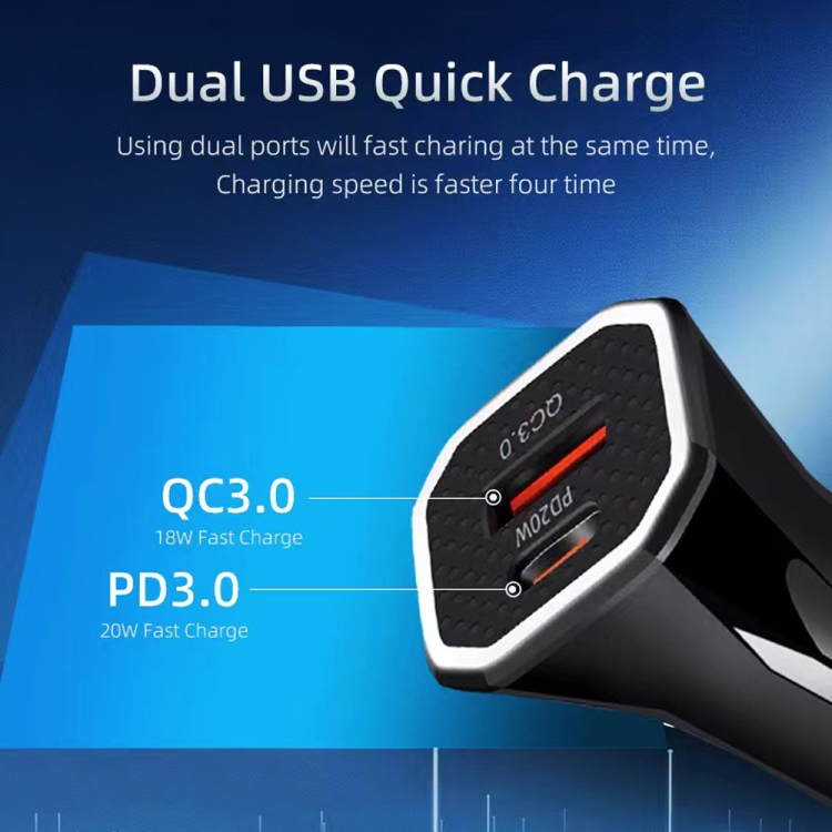 TE-P22 38W PD USB-C / Type-C + QC3. 0 USB Car Charger with 1m USB to 8 Pin Data Cable(Black) TE-P22 38W PD USB-C / Type-C + QC3. 0 USB Car Charger with 1m USB to 8 Pin Data Cable(Black)