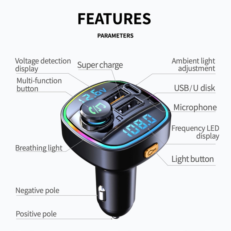Neues Auto Mp3 Bluetooth Player T48c Bunte Atmosphäre Lampe Typ-c