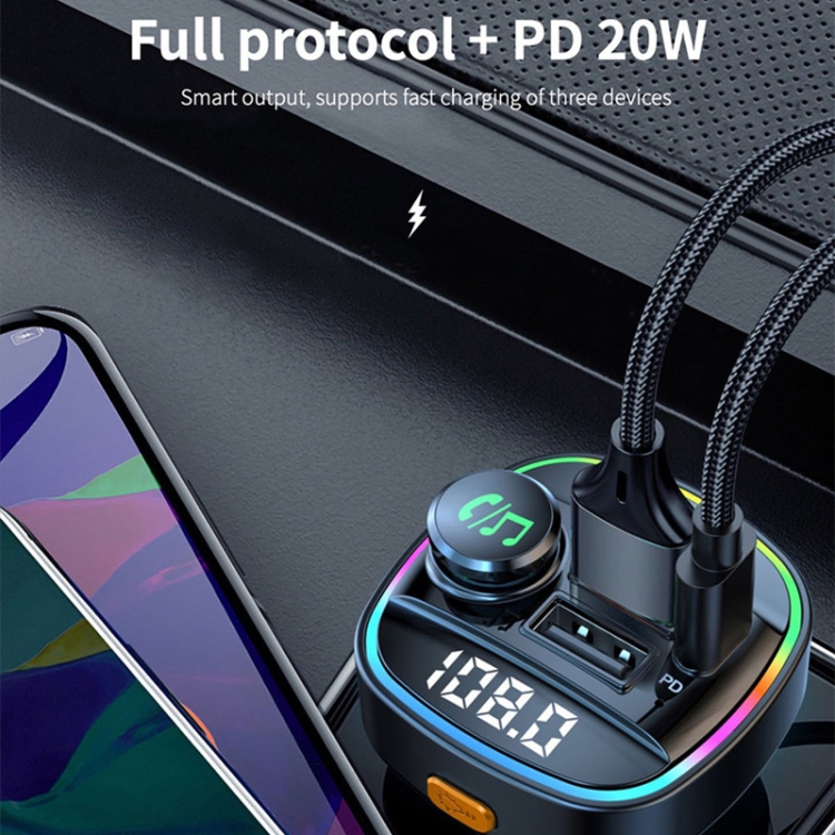 Neues Auto Mp3 Bluetooth Player T48c Bunte Atmosphäre Lampe Typ-c Port Auto  Aufladen FM Transmitter