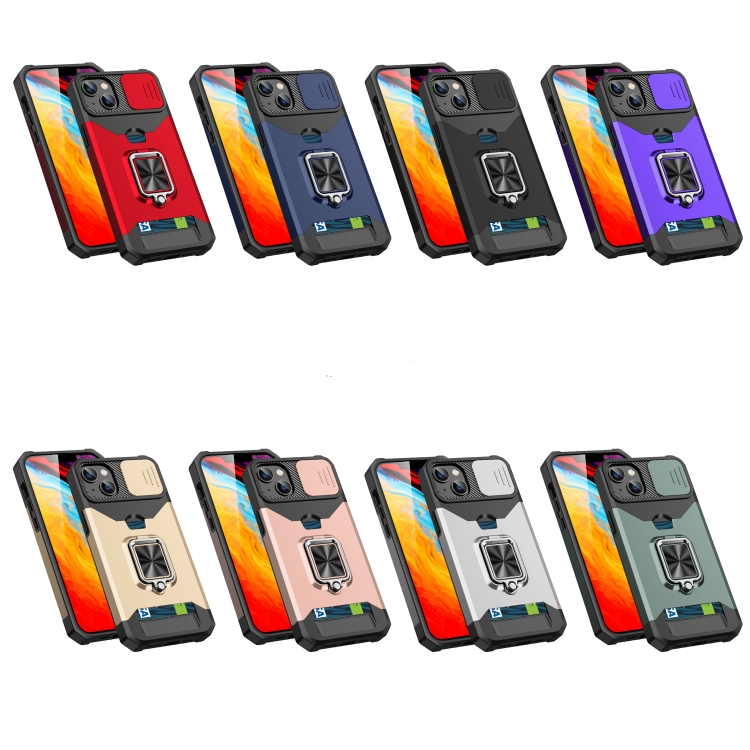 For iPhone 14 Sliding Camshield Card Slot Ring Kickstand Phone Case (Purple) For iPhone 14 Sliding Camshield Card Slot Ring Kickstand Phone Case (Purple)