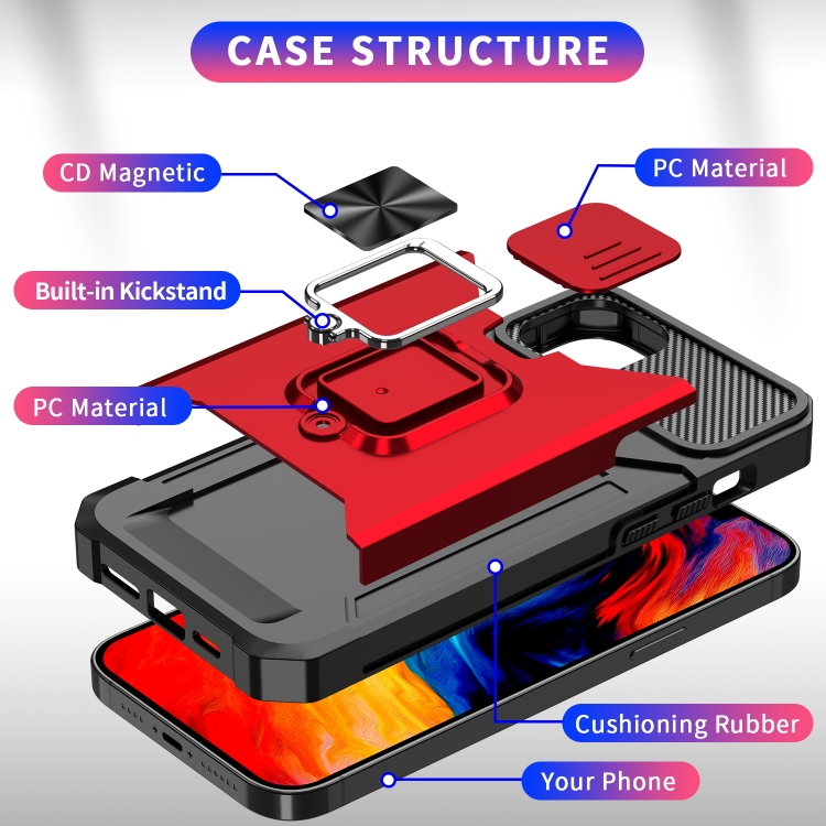 For iPhone 14 Sliding Camshield Card Slot Ring Kickstand Phone Case (Purple) For iPhone 14 Sliding Camshield Card Slot Ring Kickstand Phone Case (Purple)