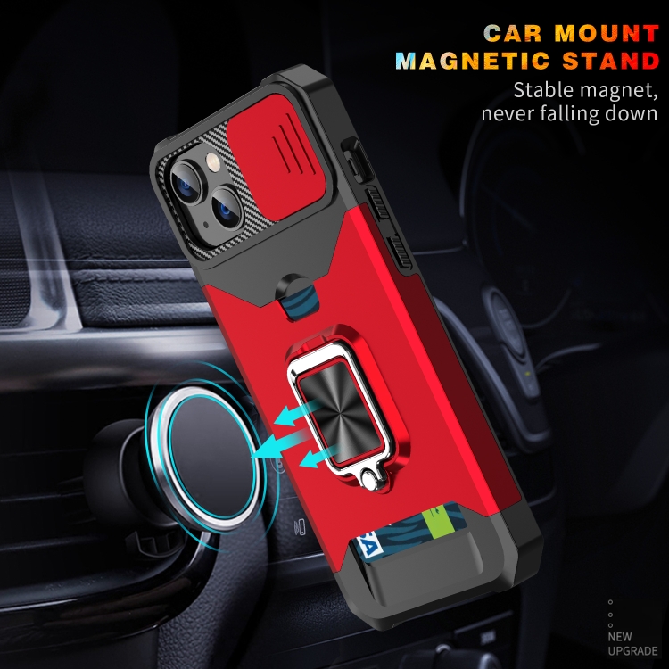 For iPhone 14 Sliding Camshield Card Slot Ring Kickstand Phone Case (Purple) For iPhone 14 Sliding Camshield Card Slot Ring Kickstand Phone Case (Purple)