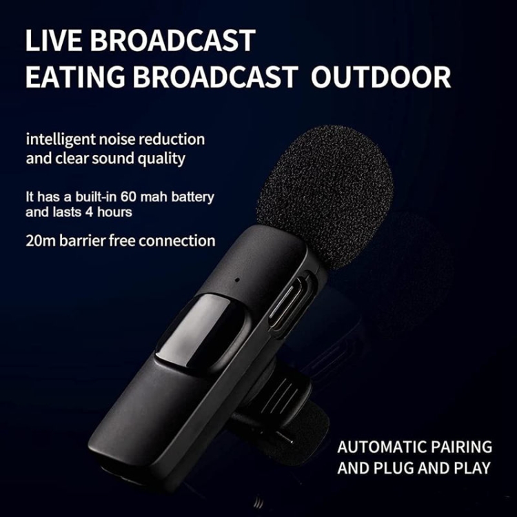 Mini micrófono en vivo con cancelación de ruido y sincronización automática con clip inalámbrico K9 con receptor de 8 pines - 3