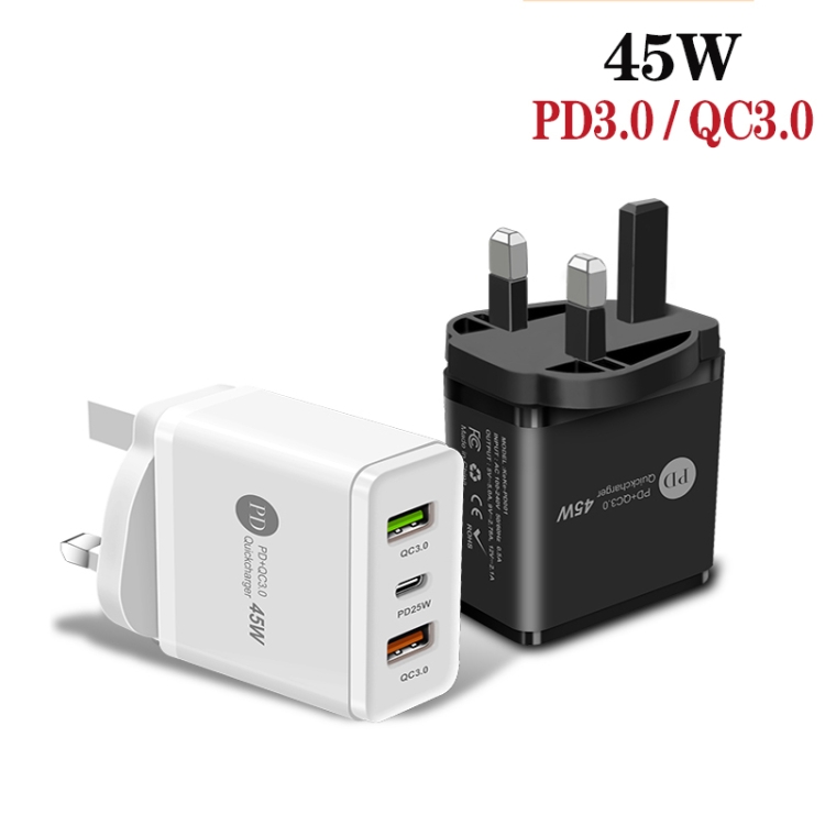 45W PD3.0 + 2 x QC3.0 USB Multi Port Quick Charger, UK Plug(Black) 45W PD3.0 + 2 x QC3.0 USB Multi Port Quick Charger, UK Plug(Black)