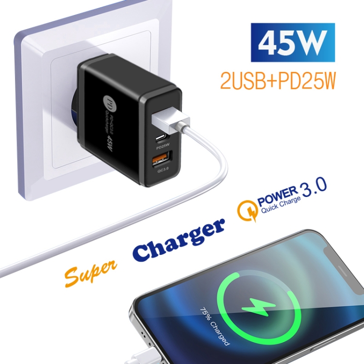 45W PD3.0 + 2 x QC3.0 USB Multi Port Quick Charger, UK Plug(Black) 45W PD3.0 + 2 x QC3.0 USB Multi Port Quick Charger, UK Plug(Black)