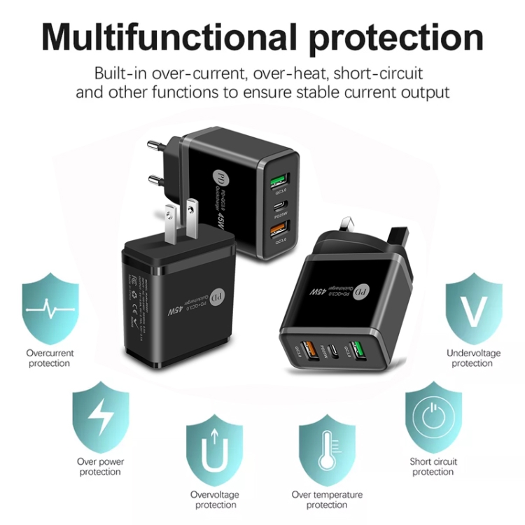 45W PD3.0 + 2 x QC3.0 USB Multi Port Quick Charger, UK Plug(Black) 45W PD3.0 + 2 x QC3.0 USB Multi Port Quick Charger, UK Plug(Black)