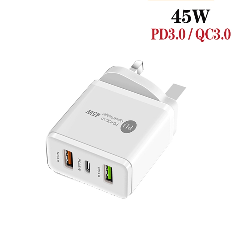 45W PD3.0 + 2 x QC3.0 USB Multi Port Charger with Type-C to 8 Pin Cable, UK Plug(White) 45W PD3.0 + 2 x QC3.0 USB Multi Port Charger with Type-C to 8 Pin Cable, UK Plug(White)