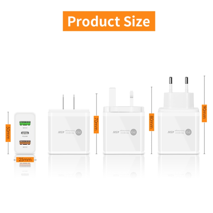 45W PD3.0 + 2 x QC3.0 USB Multi Port Charger with Type-C to 8 Pin Cable, UK Plug(White) 45W PD3.0 + 2 x QC3.0 USB Multi Port Charger with Type-C to 8 Pin Cable, UK Plug(White)