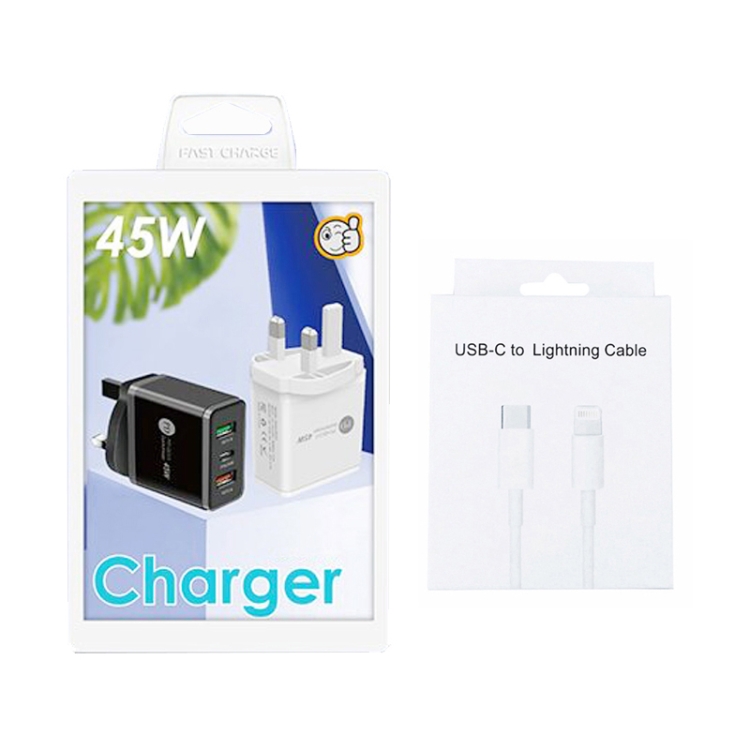 45W PD3.0 + 2 x QC3.0 USB Multi Port Charger with Type-C to 8 Pin Cable, UK Plug(White) 45W PD3.0 + 2 x QC3.0 USB Multi Port Charger with Type-C to 8 Pin Cable, UK Plug(White)