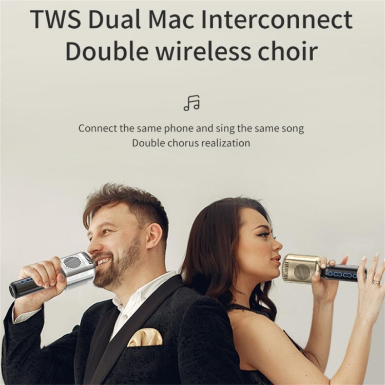 Micrófono inalámbrico KM600 TWS, reducción de ruido de mano, reproductor de música con micrófono condensador compatible con Bluetooth inteligente para cantar (plateado) - B2
