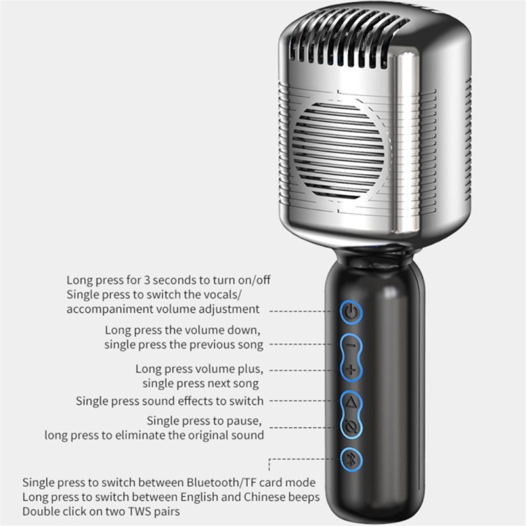 Micrófono inalámbrico KM600 TWS, reducción de ruido de mano, reproductor de música con micrófono condensador compatible con Bluetooth inteligente para cantar (plateado) - B6