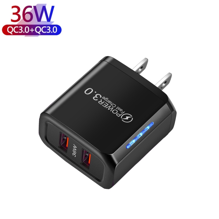 Chargeur USB QC3.0 double port 36 W avec câble de données USB vers micro USB  3A, prise US (noir)