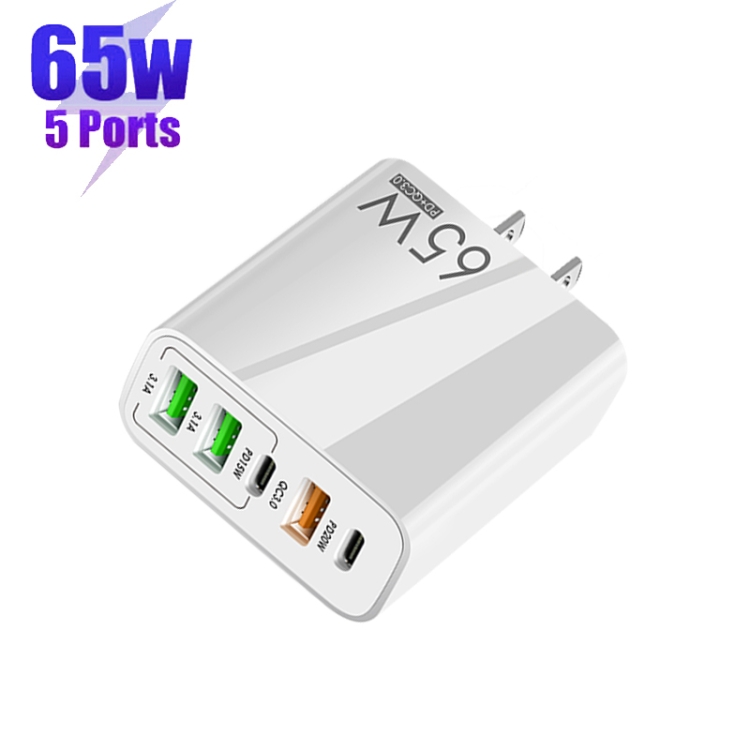 65W Dual PD Type-C + 3 x USB Multi Port Charger for Phone and Tablet PC, US Plug(White) 65W Dual PD Type-C + 3 x USB Multi Port Charger for Phone and Tablet PC, US Plug(White)