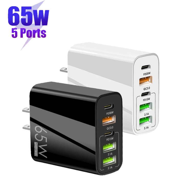 65W Dual PD Type-C + 3 x USB Multi Port Charger for Phone and Tablet PC, US Plug(White) 65W Dual PD Type-C + 3 x USB Multi Port Charger for Phone and Tablet PC, US Plug(White)