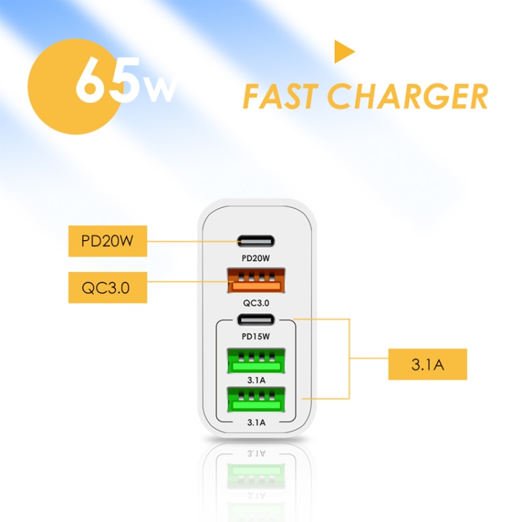 65W Dual PD Type-C + 3 x USB Multi Port Charger for Phone and Tablet PC, US Plug(White) 65W Dual PD Type-C + 3 x USB Multi Port Charger for Phone and Tablet PC, US Plug(White)