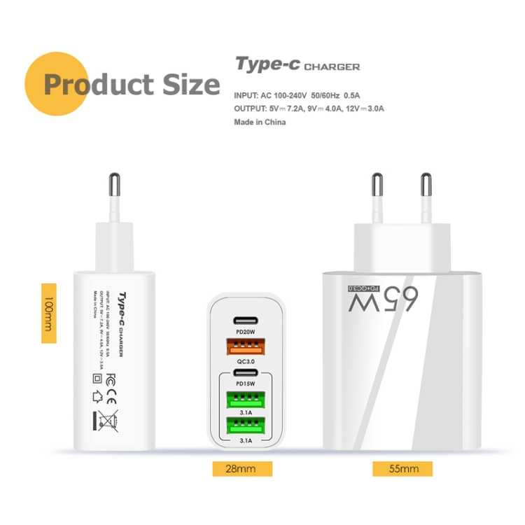 65W Dual PD Type-C + 3 x USB Multi Port Charger for Phone and Tablet PC, US Plug(White) 65W Dual PD Type-C + 3 x USB Multi Port Charger for Phone and Tablet PC, US Plug(White)