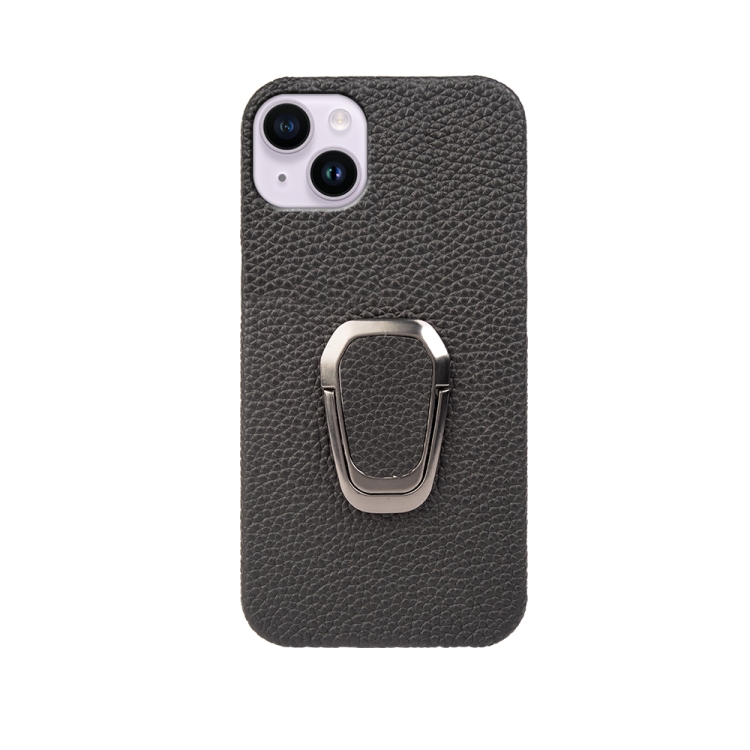 For iPhone 14 Plus Ring Holder Litchi Texture Genuine Leather Phone Case(Black) For iPhone 14 Plus Ring Holder Litchi Texture Genuine Leather Phone Case(Black)