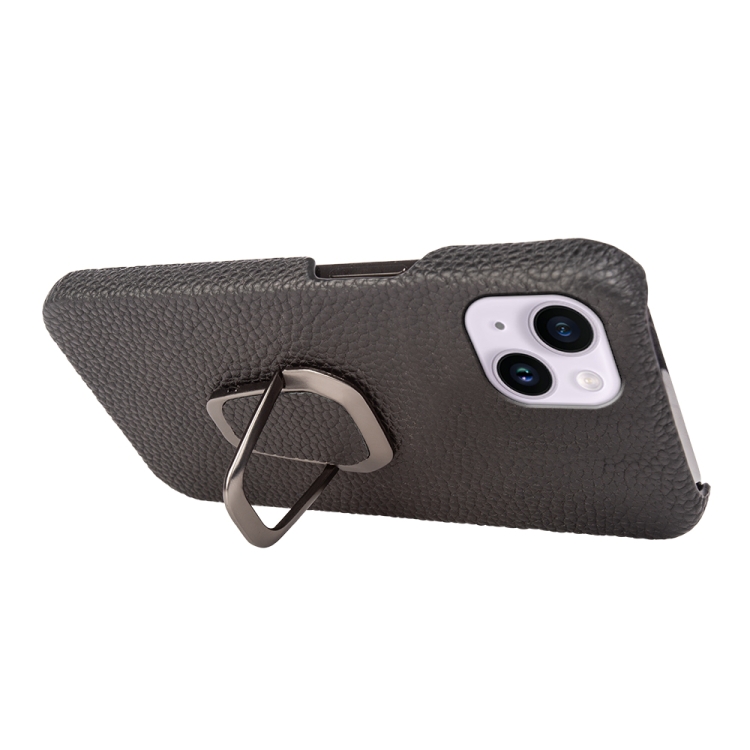 For iPhone 14 Plus Ring Holder Litchi Texture Genuine Leather Phone Case(Black) For iPhone 14 Plus Ring Holder Litchi Texture Genuine Leather Phone Case(Black)