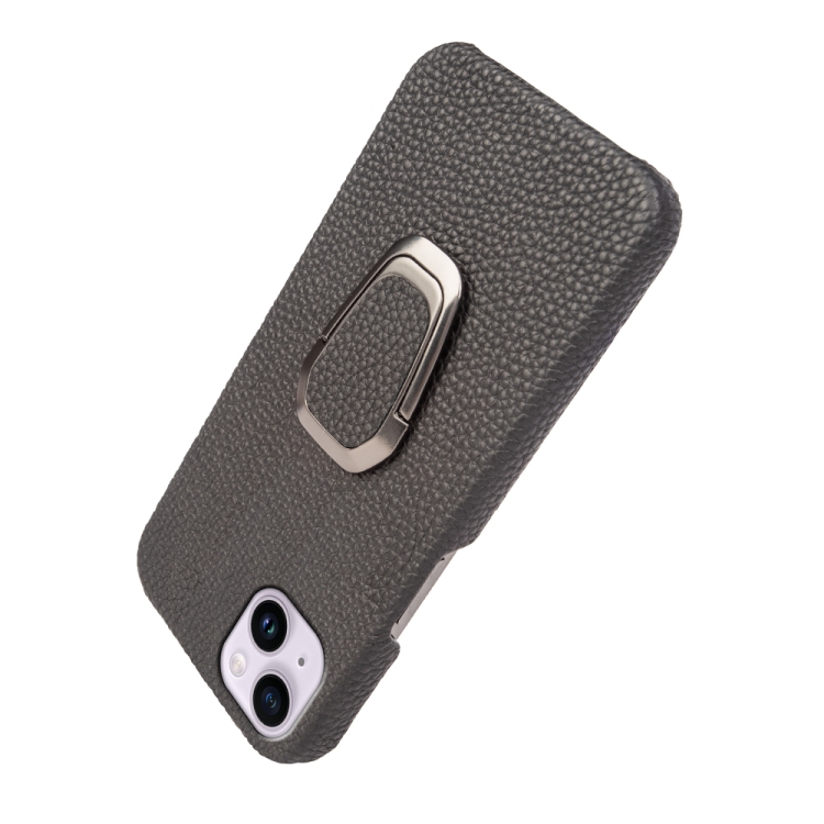 For iPhone 14 Plus Ring Holder Litchi Texture Genuine Leather Phone Case(Black) For iPhone 14 Plus Ring Holder Litchi Texture Genuine Leather Phone Case(Black)