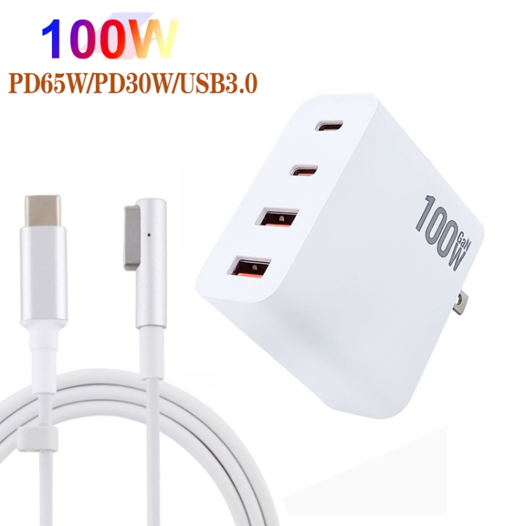 GaN 100W Dual USB+Dual USB-C/Type-C Multi Port Charger with 1.8m Type-C to MagSafe 1 / L Header Data Cable US / EU / UK / AU Plug GaN 100W Dual USB+Dual USB-C/Type-C Multi Port Charger with 1.8m Type-C to MagSafe 1 / L Header Data Cable US / EU / UK / AU Plug