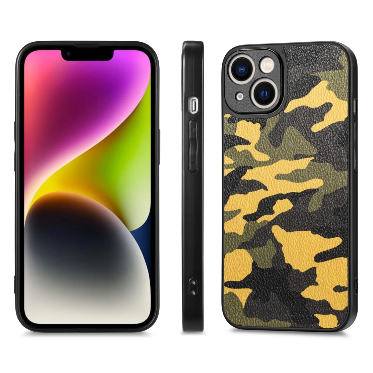 For iPhone 14 Plus Camouflage Leather Back Cover Phone Case(Yellow)
