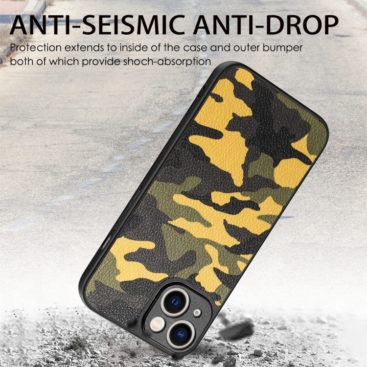 For iPhone 14 Plus Camouflage Leather Back Cover Phone Case(Yellow)
