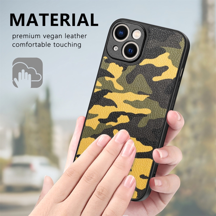 For iPhone 14 Plus Camouflage Leather Back Cover Phone Case(Yellow)