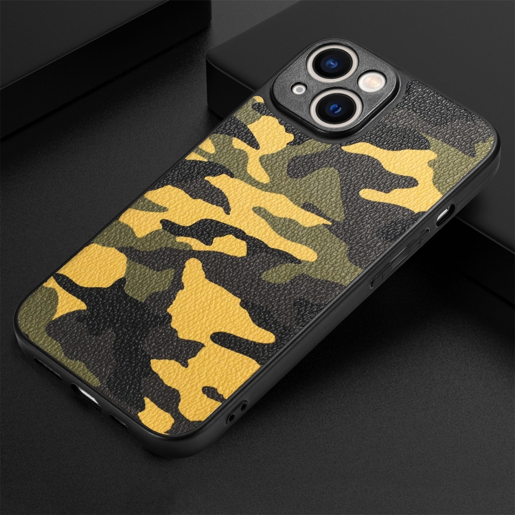 For iPhone 14 Plus Camouflage Leather Back Cover Phone Case(Yellow)