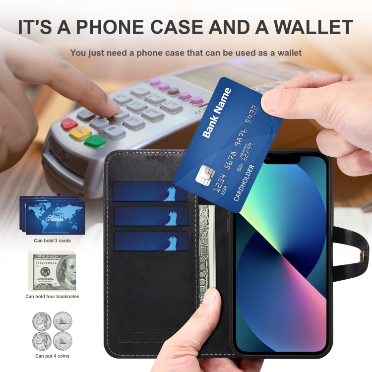 Suteni Calf Texture Buckle Wallet Leather Phone Case For iPhone 14(Black) Suteni Calf Texture Buckle Wallet Leather Phone Case For iPhone 14(Black)