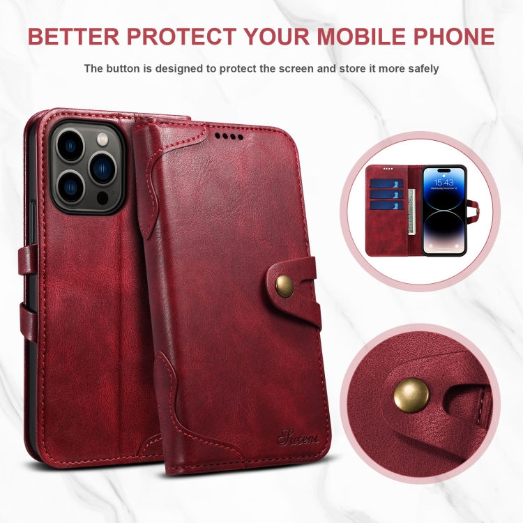 Suteni Calf Texture Buckle Wallet Leather Phone Case For iPhone 14 Pro(Red) Suteni Calf Texture Buckle Wallet Leather Phone Case For iPhone 14 Pro(Red)