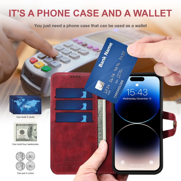 Suteni Calf Texture Buckle Wallet Leather Phone Case For iPhone 14 Pro(Red) Suteni Calf Texture Buckle Wallet Leather Phone Case For iPhone 14 Pro(Red)