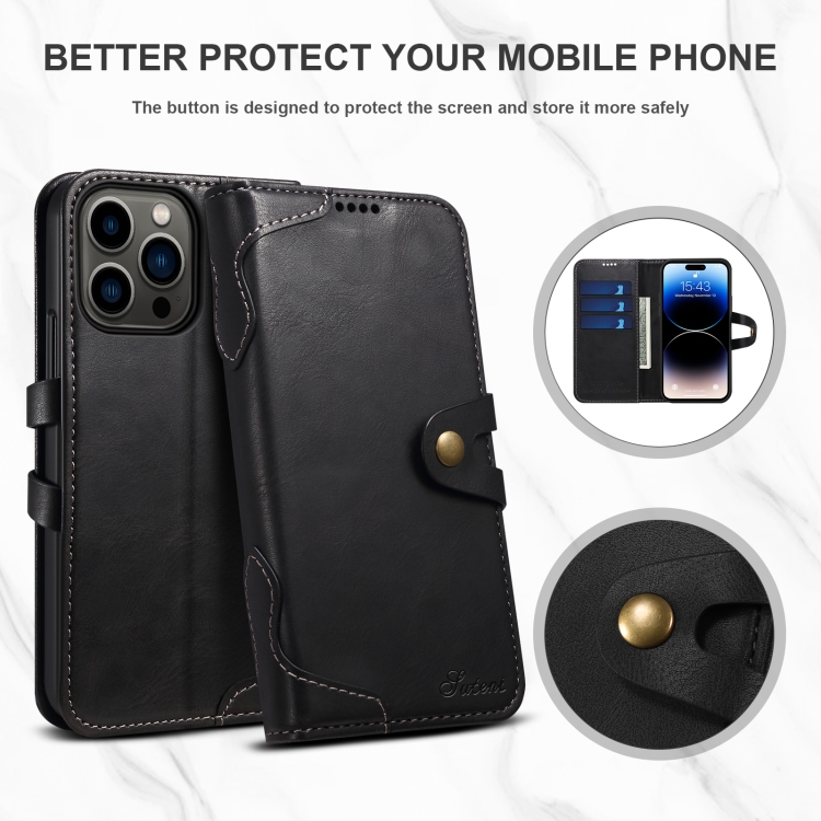 Suteni Calf Texture Buckle Wallet Leather Phone Case For iPhone 14 Pro Max(Black) Suteni Calf Texture Buckle Wallet Leather Phone Case For iPhone 14 Pro Max(Black)