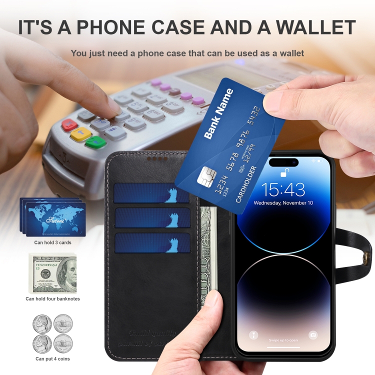 Suteni Calf Texture Buckle Wallet Leather Phone Case For iPhone 14 Pro Max(Black) Suteni Calf Texture Buckle Wallet Leather Phone Case For iPhone 14 Pro Max(Black)