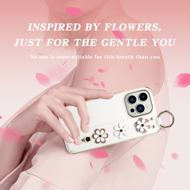 For iPhone 13 Pro Max Wristband Ring Sakura Electroplated Crocodile Leather Phone Case(White) For iPhone 13 Pro Max Wristband Ring Sakura Electroplated Crocodile Leather Phone Case(White)