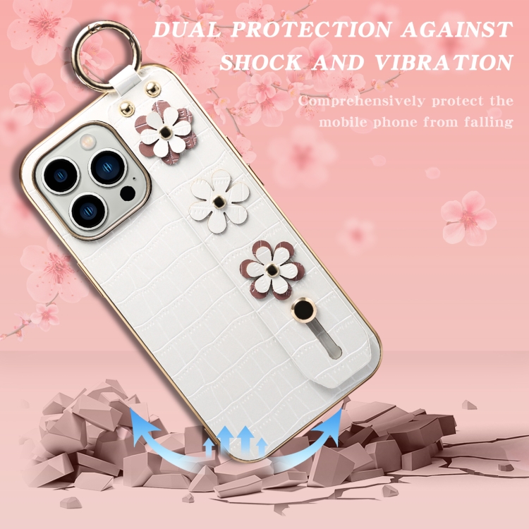 For iPhone 13 Pro Max Wristband Ring Sakura Electroplated Crocodile Leather Phone Case(White) For iPhone 13 Pro Max Wristband Ring Sakura Electroplated Crocodile Leather Phone Case(White)
