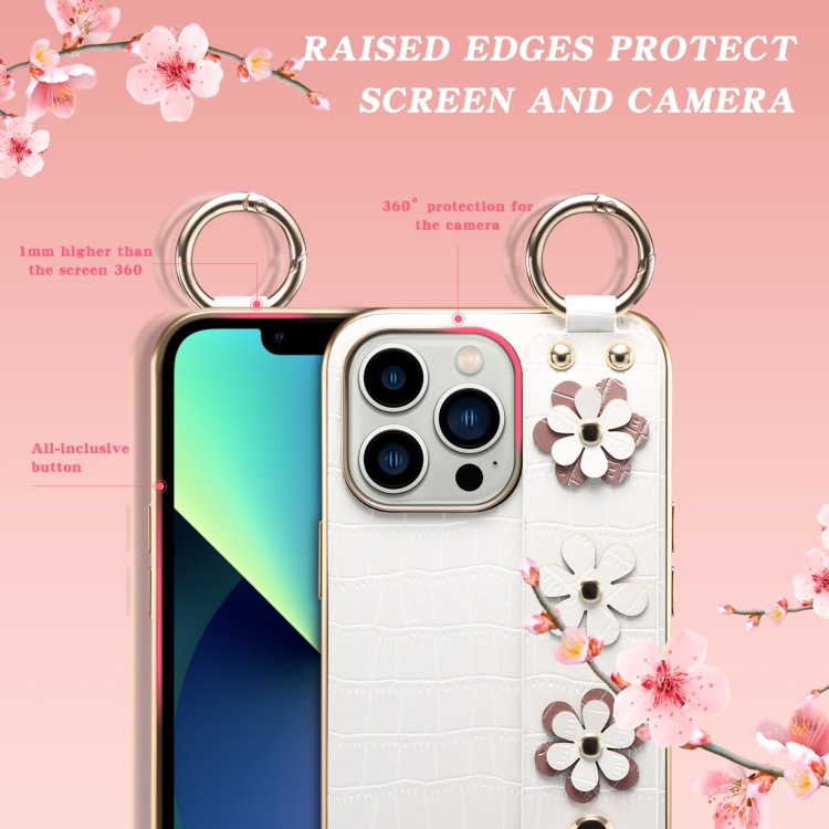 For iPhone 13 Pro Max Wristband Ring Sakura Electroplated Crocodile Leather Phone Case(White) For iPhone 13 Pro Max Wristband Ring Sakura Electroplated Crocodile Leather Phone Case(White)