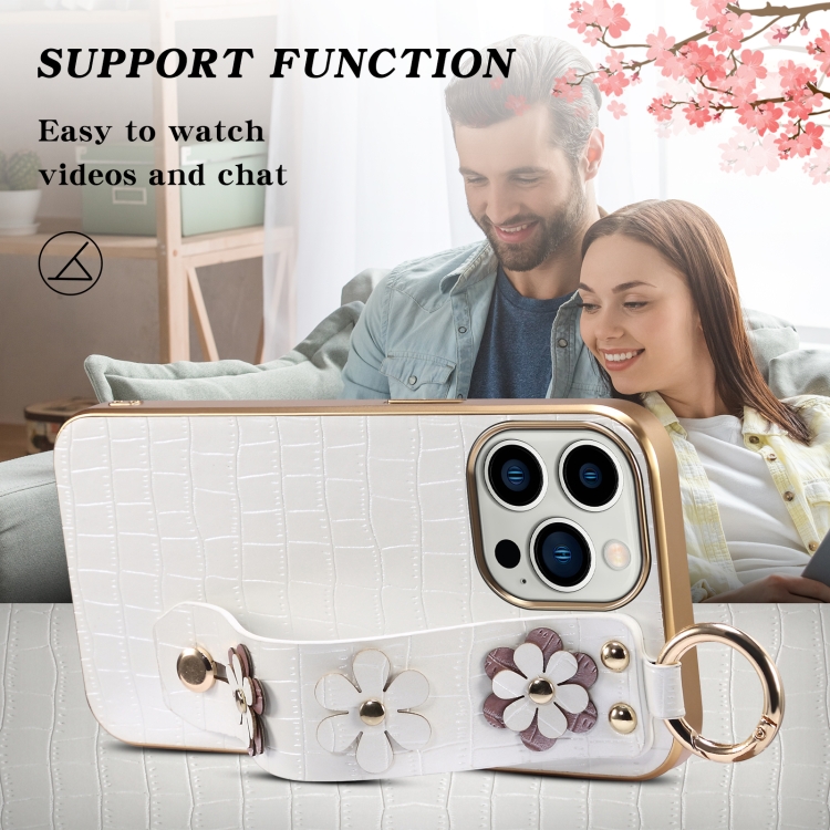 For iPhone 13 Pro Max Wristband Ring Sakura Electroplated Crocodile Leather Phone Case(White) For iPhone 13 Pro Max Wristband Ring Sakura Electroplated Crocodile Leather Phone Case(White)