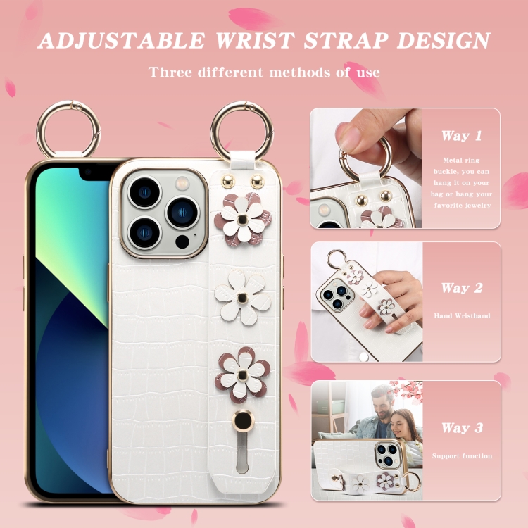 For iPhone 13 Pro Max Wristband Ring Sakura Electroplated Crocodile Leather Phone Case(White) For iPhone 13 Pro Max Wristband Ring Sakura Electroplated Crocodile Leather Phone Case(White)