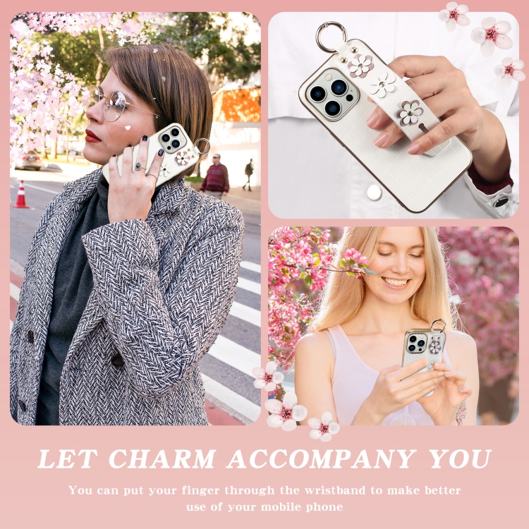 For iPhone 13 Pro Max Wristband Ring Sakura Electroplated Crocodile Leather Phone Case(White) For iPhone 13 Pro Max Wristband Ring Sakura Electroplated Crocodile Leather Phone Case(White)