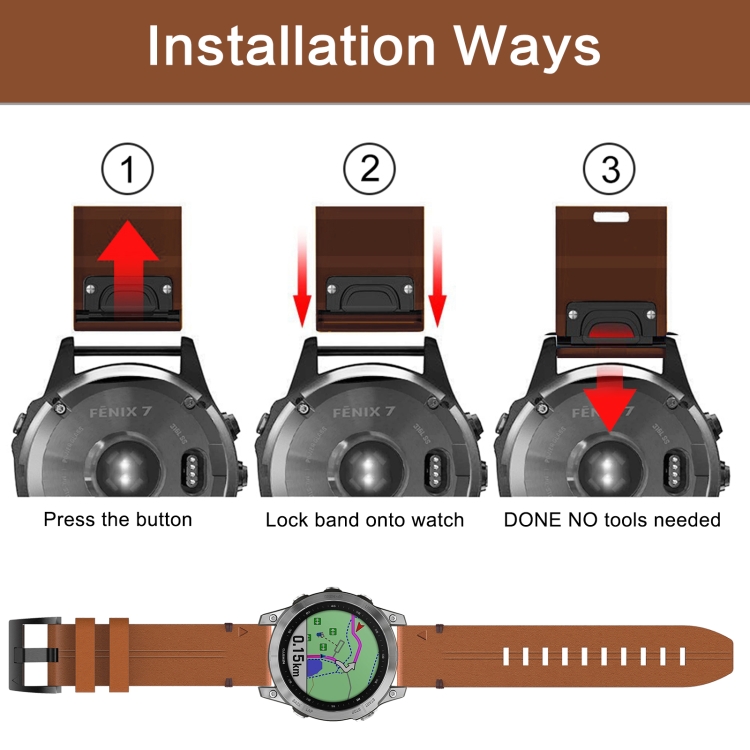 Para Garmin Fenix 6 Sapphire GPS 22 mm correa de reloj de cuero con hebilla de acero (marrón claro) - B4
