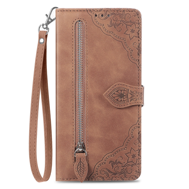 For Samsung Galaxy S23 5G Embossed Flower Zipper Leather Phone Case(Brown) For Samsung Galaxy S23 5G Embossed Flower Zipper Leather Phone Case(Brown)